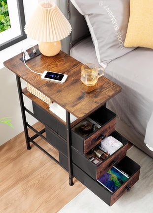 Rustic Brown End Table with Integrated Charging Station, Slim Nightstand with USB Ports and Outlets, Compact Side Table with Three Fabric Drawers for Limited Spaces, Model HETN013BR-1