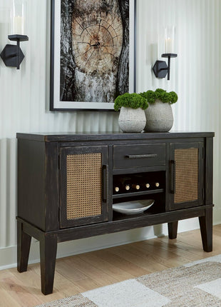 Galliden Urban 2-Door Dining Server by Signature Design by Ashley featuring Reversible Wine Rack Shelf, Adjustable Shelves, and Felt-Lined Drawer in Black and Light Brown