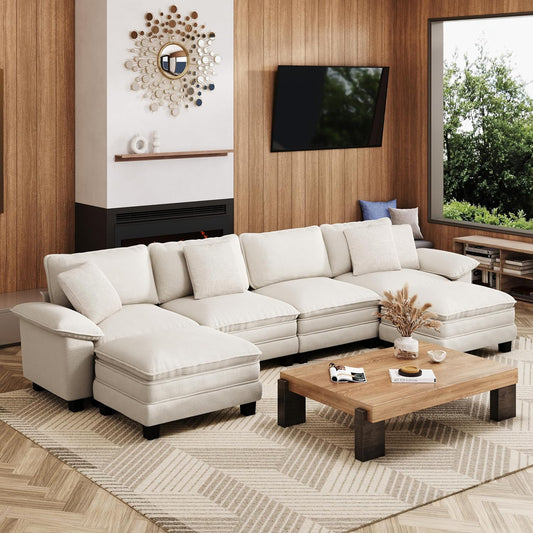 157-Inch U Shaped Sectional Sofa with Cloud Cushions, Deep Seat Modular Couch Set W/ 6 Seats & 2 Ottomans, Removable Arms, Plush Chenille Upholstery for Living Room, Apartment - Beige