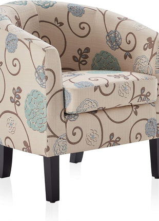 Highland Floral Print Linen Round Accent Barrel Chair - Elegant Club Tub Sofa for Living Room and Bedroom with Flared Legs and Plush Padding