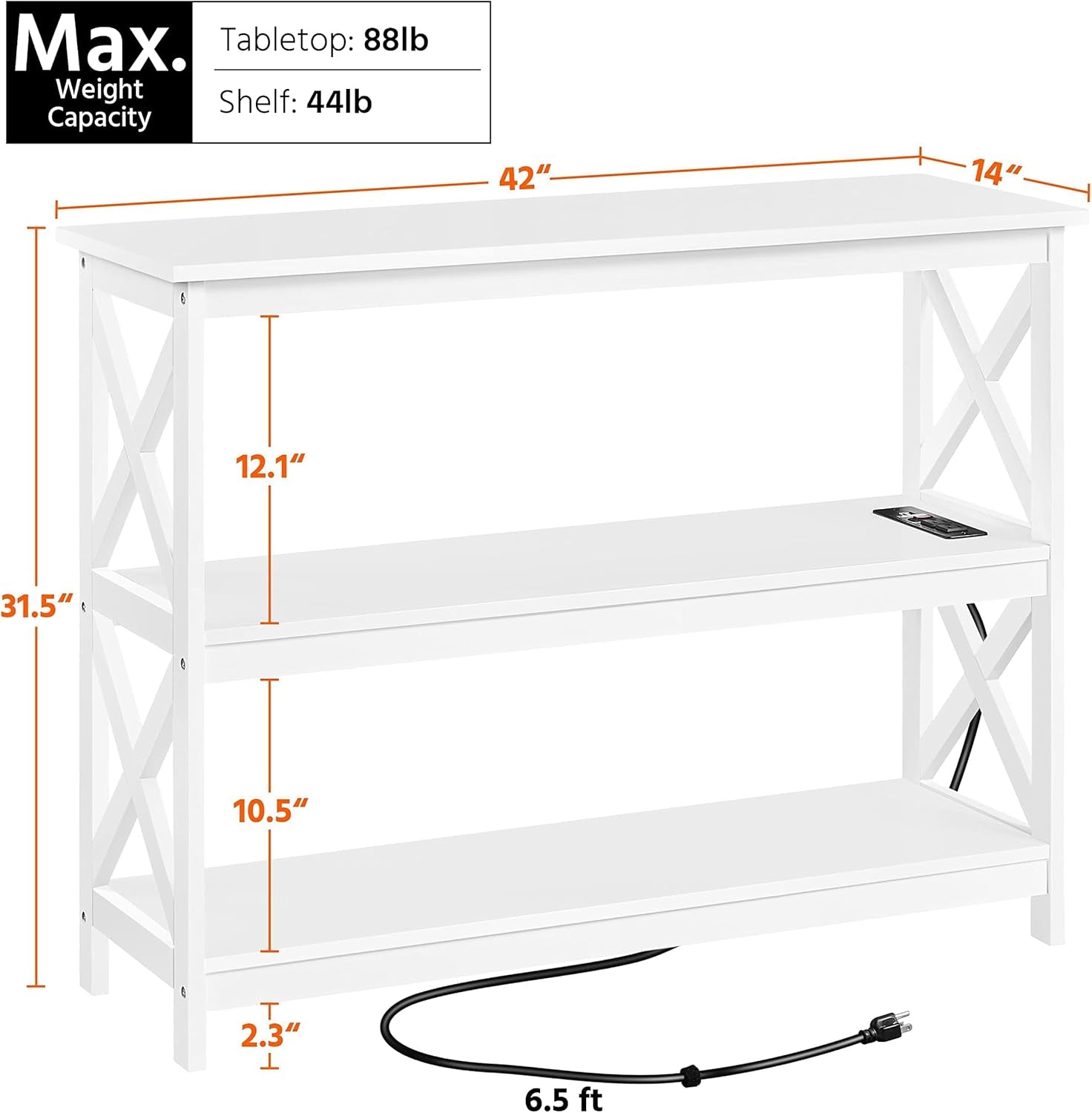 Entryway Table with Storage Shelves, Console Table with Power Outlets and USB Ports, Wood Narrow Sofa Tables with X-Shaped Design for Living Room/Hallway/Couch, White