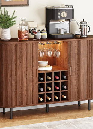55-Inch Contemporary Wine Bar Cabinet with LED Lighting, Wine Rack, and Glass Holder - Farmhouse Buffet Sideboard for Living Room, Kitchen, and Entryway in Walnut Finish