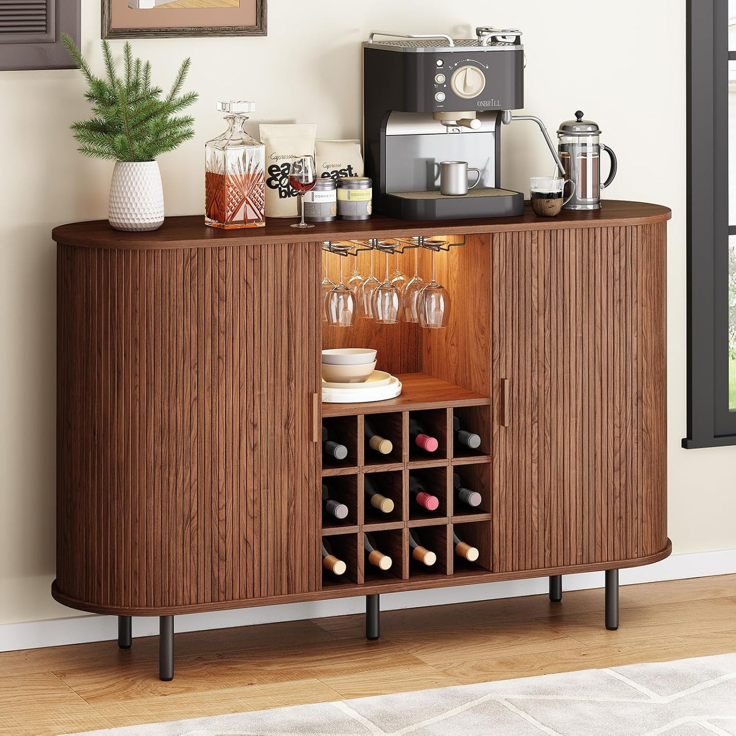 55" Wine Bar Cabinet with LED Light,Modern Liquor Whiskey Coffee Station with Wine Rack and Glass Holder, Farmhouse Buffet Sideboard with Storage for Living Room, Kitchen, Entryway (Walnut)