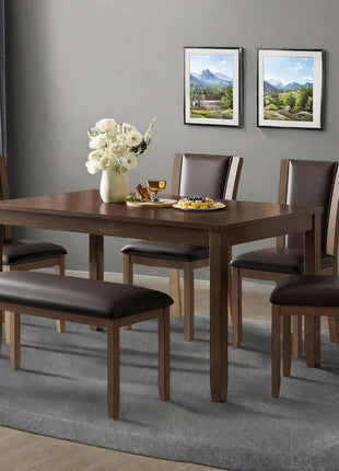 Farmhouse 6-Piece Dining Set with Rectangular Table, 4 Upholstered Chairs, and Bench in Warm Walnut Finish