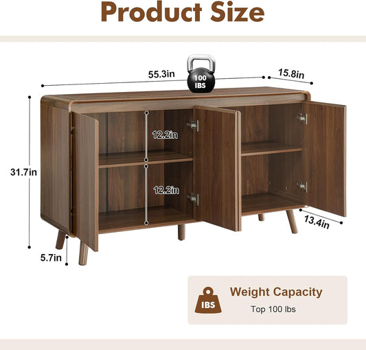 Mid Century Modern Buffet Cabinet with Storage, 55 Inch Sideboard Credenza with Doors & Shelves Console Coffee Bar Table for Living Room, Kitchen, Dining Room and Hallway, Walnut