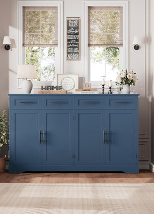 60-Inch Large Buffet Sideboard with Storage - 36-Inch Tall Kitchen Cabinet Featuring 4 Drawers, Modern Coffee Bar Design with Black Handles in Blue Finish