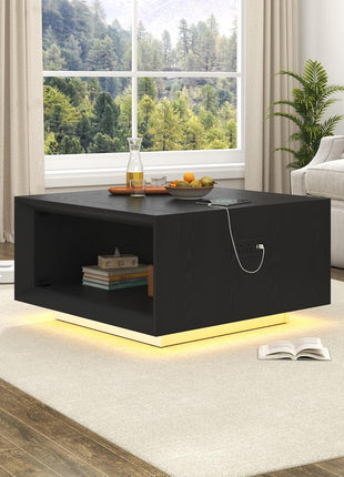 32-Inch Mid-Century Modern Square Coffee Table with Integrated LED Lighting and Power Outlet, Two-Tier Minimalist Design with Storage, Deep Beveled Edge, Black Wood Finish