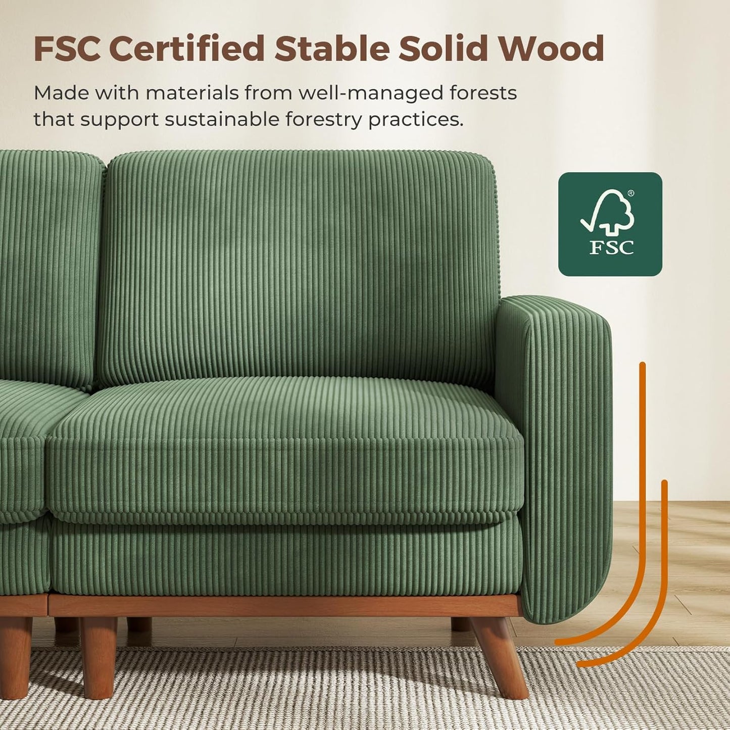 97" L-Shape Modular Sofa, 3-Seat Corduroy Couch with Movable Ottoman, Sectional Sofa for Living Room, Green