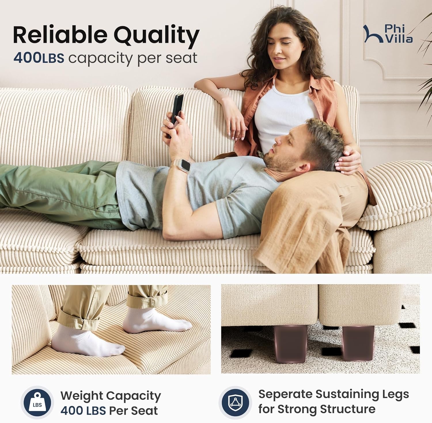 Cloud Modular Couches Sets, 2 Pieces Sectional Sofa Set with Loveseat, 3-Seater Comfy Couch for Living Room Small Spaces, Chenille Corduroy Dual Fabric, Beige