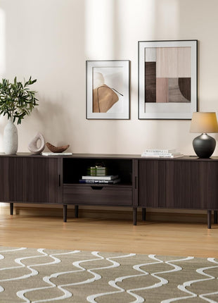 86.6-Inch Mid-Century Modern Fluted TV Stand with Power Outlet for TVs up to 90", Adjustable Shelves, and Sliding Door in Dark Walnut Finish