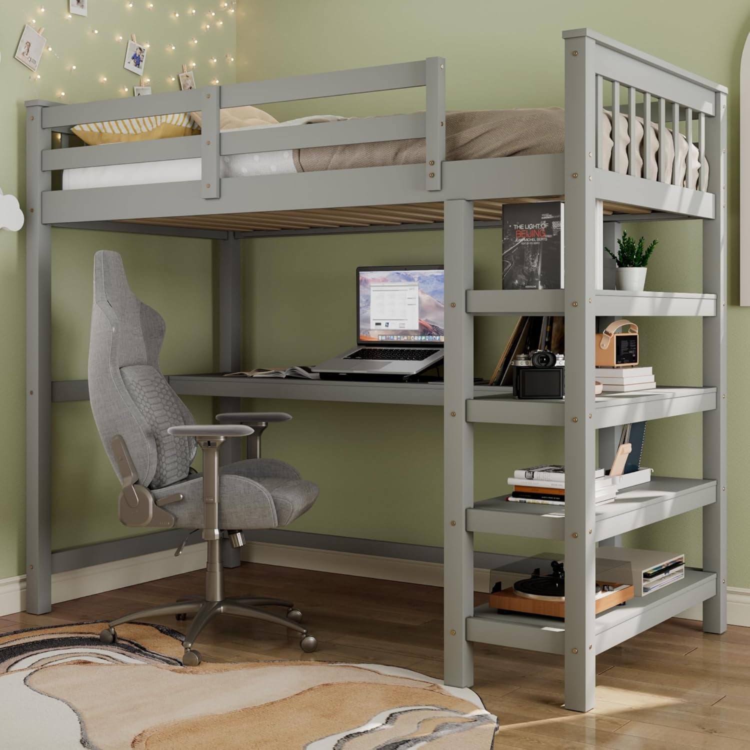 Wood Loft Bed with Desk : Full Size Loft Bed with 4-Storage Shelves and under Bed Desk Solid Wood Bed, Grey