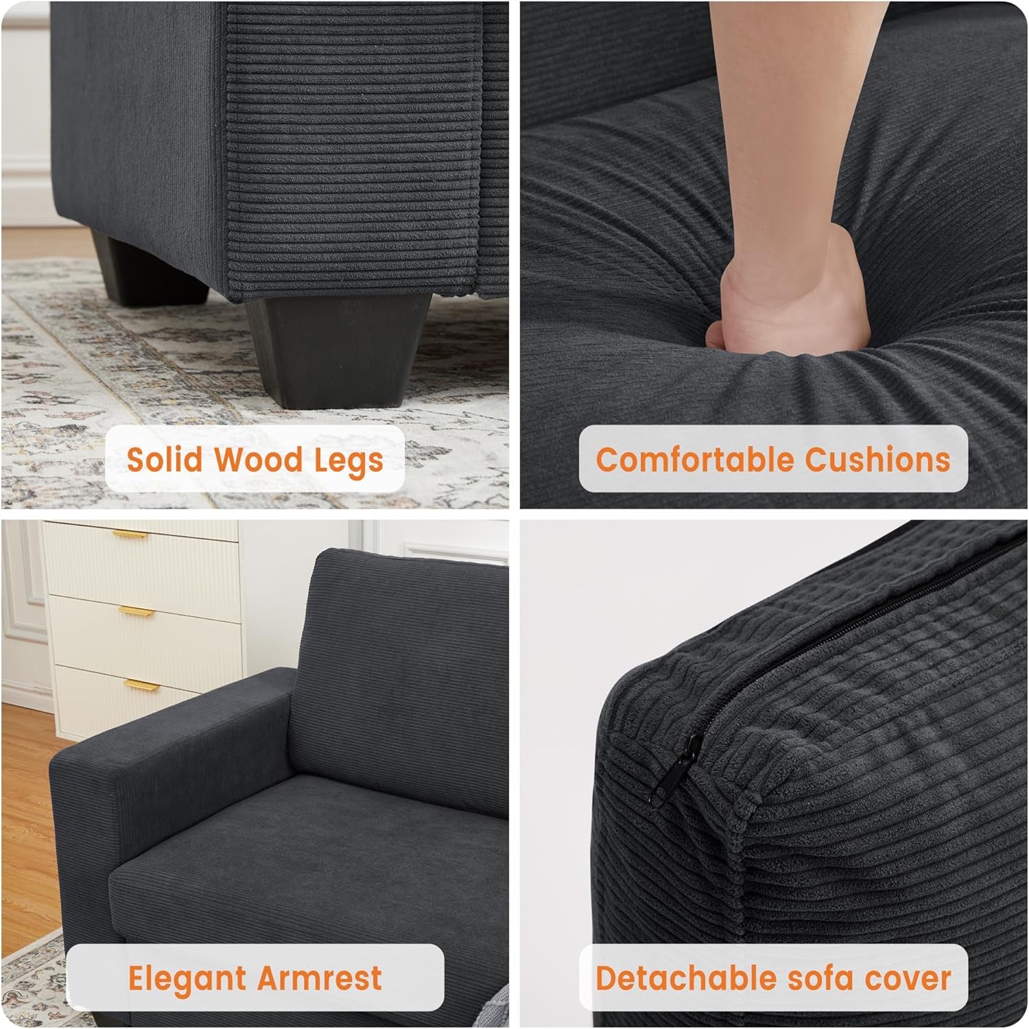 Loveseat Sofa Couch for Living Room, 83 Inch Corduroy 2 Seater Love Seat with Wide Armrest, Removable Washable Cushion Cover for Small Spaces (83Inch, Dark Gray)