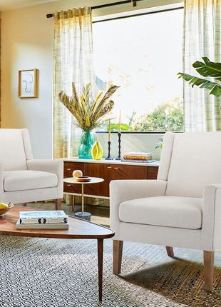 Contemporary Upholstered Wingback Accent Chair with Lounge Seat and Wooden Legs for Office, Bedroom, and Reading Spaces in Beige