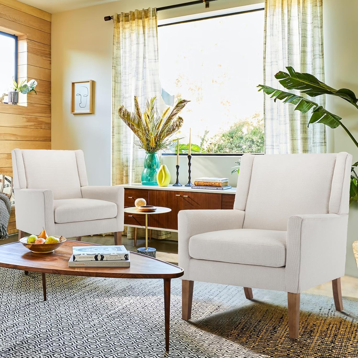 Modern Wingback Living Room Chair, Upholstered Fabric Accent Armchair, Single Sofa Chair with Lounge Seat and Wood Legs for Office/Bedroom/Reading Spaces, Beige