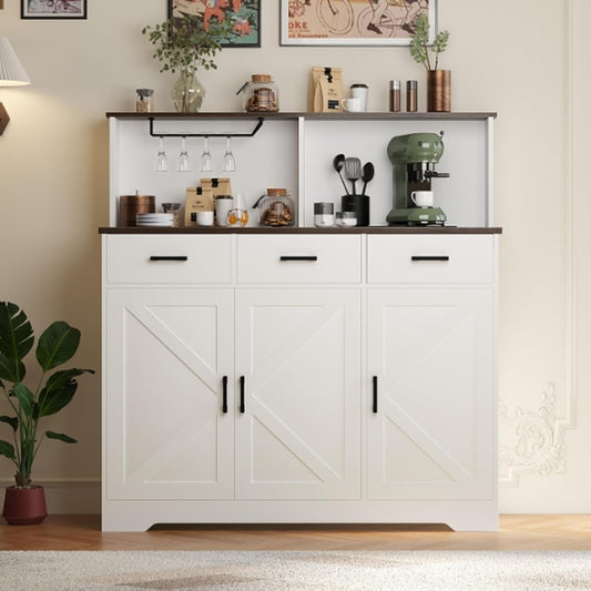 Farmhouse Sideboard Buffet Cabinet with Microwave Stand, Barn Doors Buffet Storage Cabinet with Drawers and Shelves, Wood Coffee Bar Pantry for Kitchen, Dining Room, Living Room, White
