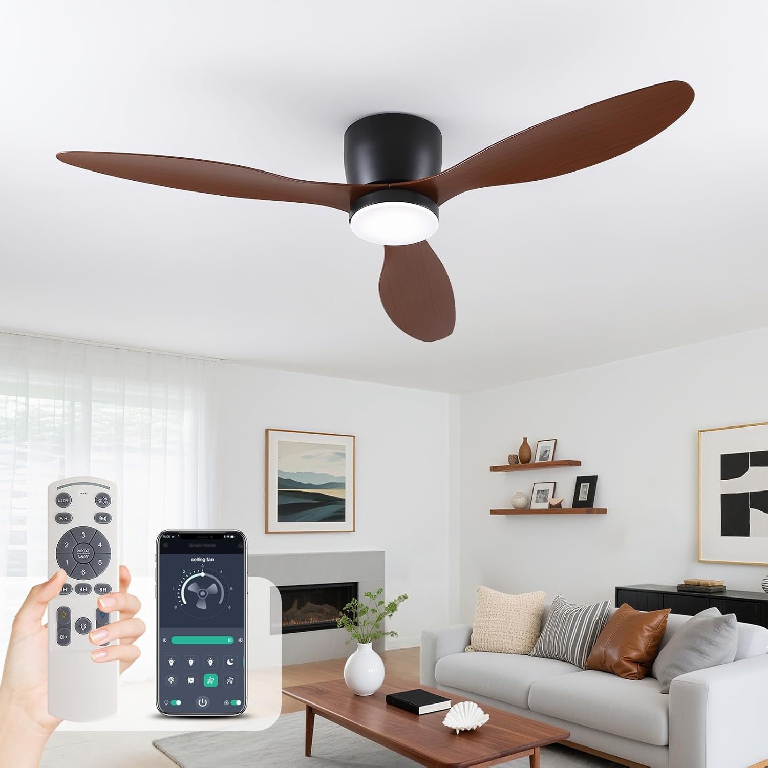 Low-Profile Ceiling Fan with Light - 52 Inch Flush Mount Modern Ceiling Fans with Remote Control/App, Dimmable 3CCT, 35W DC Motor, for Indoor Bedroom Living Room