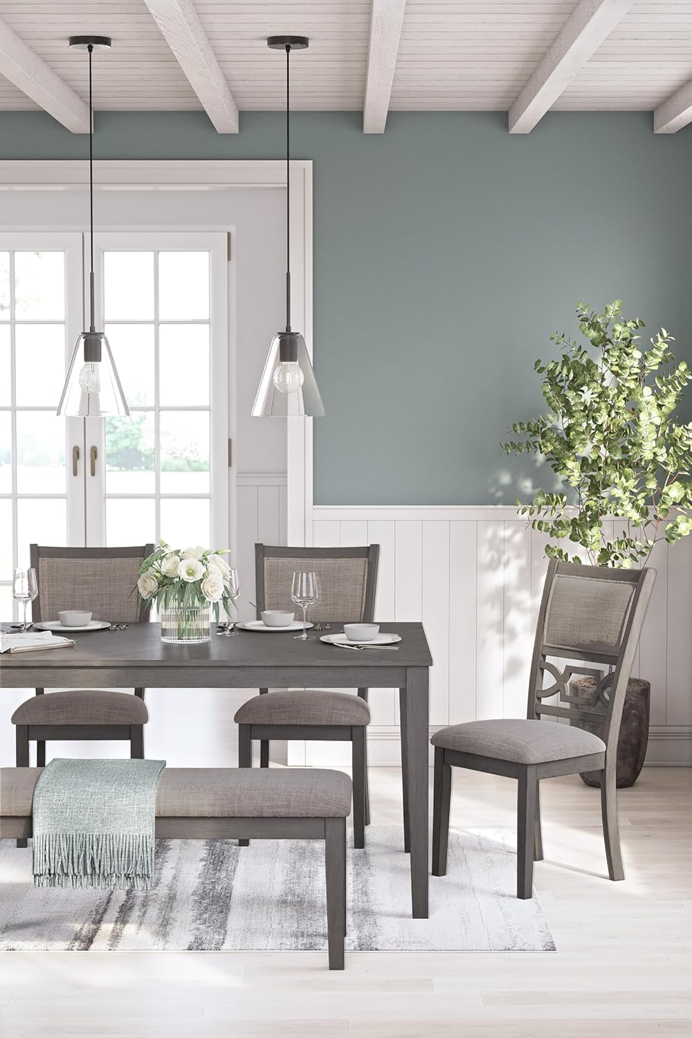 Wrenning Diamond Patterned Dining Table Set, 4 Upholstered Chairs and Bench, Seats 6, Wood, Gray