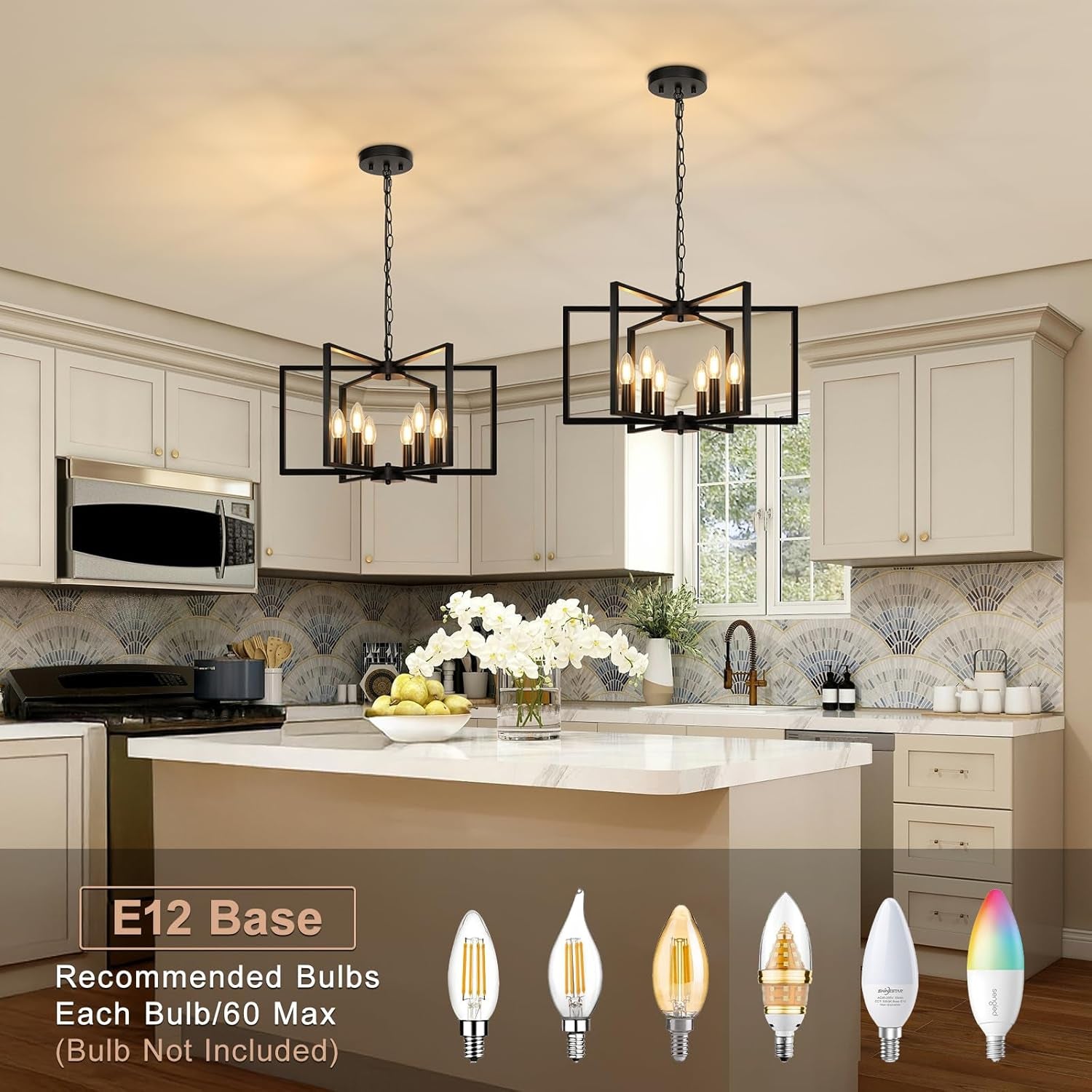 Black Farmhouse Chandelier, 6 Light Geometric Dining Room Light Fixture, Modern Industrial Metal Ceiling Light Rustic Hanging Pendant Lights with E12 Base for Kitchen Island Entryway Foyer, Indoor