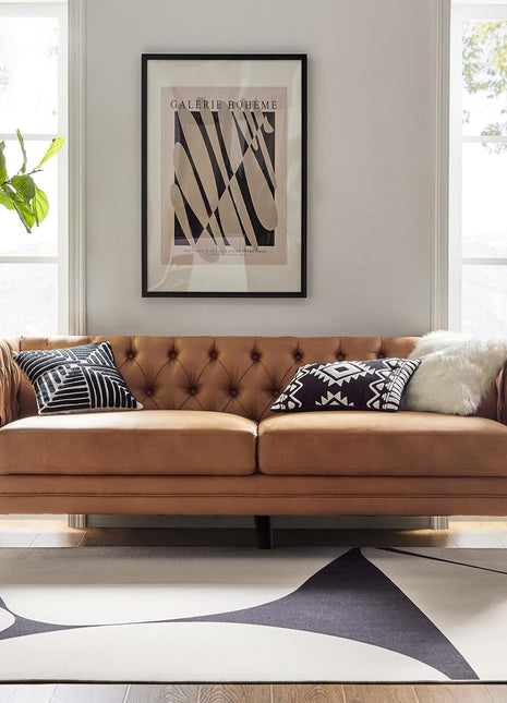 84" Faux Leather Upholstered 3-Seater Sofa with Metal Legs, Button-Tufted Design, Mid-Century Modern Style for Living Room and Entertainment Areas, Camel Color