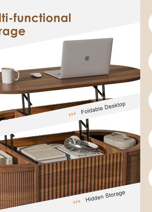 Contemporary Oval Fluted Lift-Top Coffee Table with Storage for Living Room or Home Office in Walnut Finish