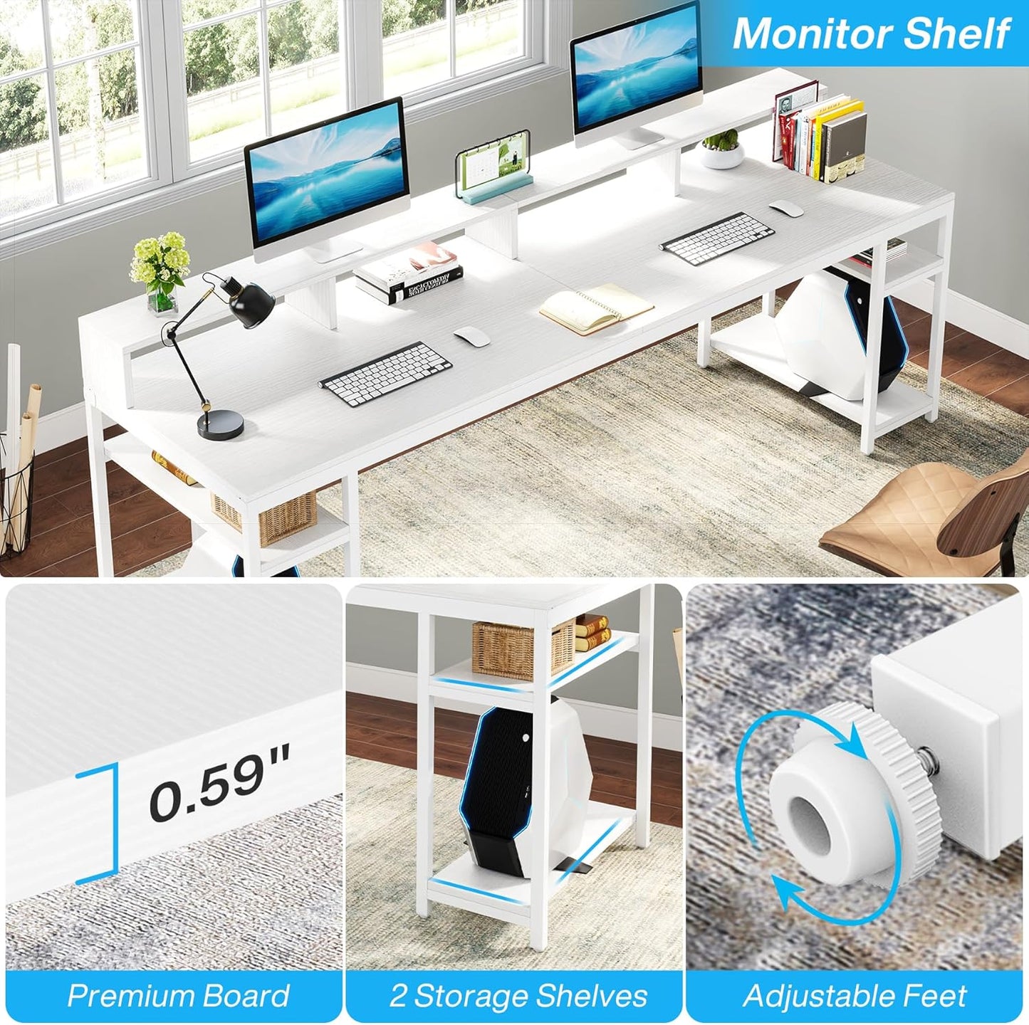 Two Person Desk with Monitor Stand, 78.74" Long Double Computer Office Desk with Storage Shelves, Large Gaming Desk Study Writing Table Workstation for Home Office (White)
