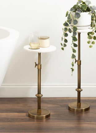 Engles Traditional Adjustable-Height Pedestal Drink Table - 10" x 10" x 30" - White Marble Top with Antique Brass Base - Vintage Round Indoor Metal Plant Stand