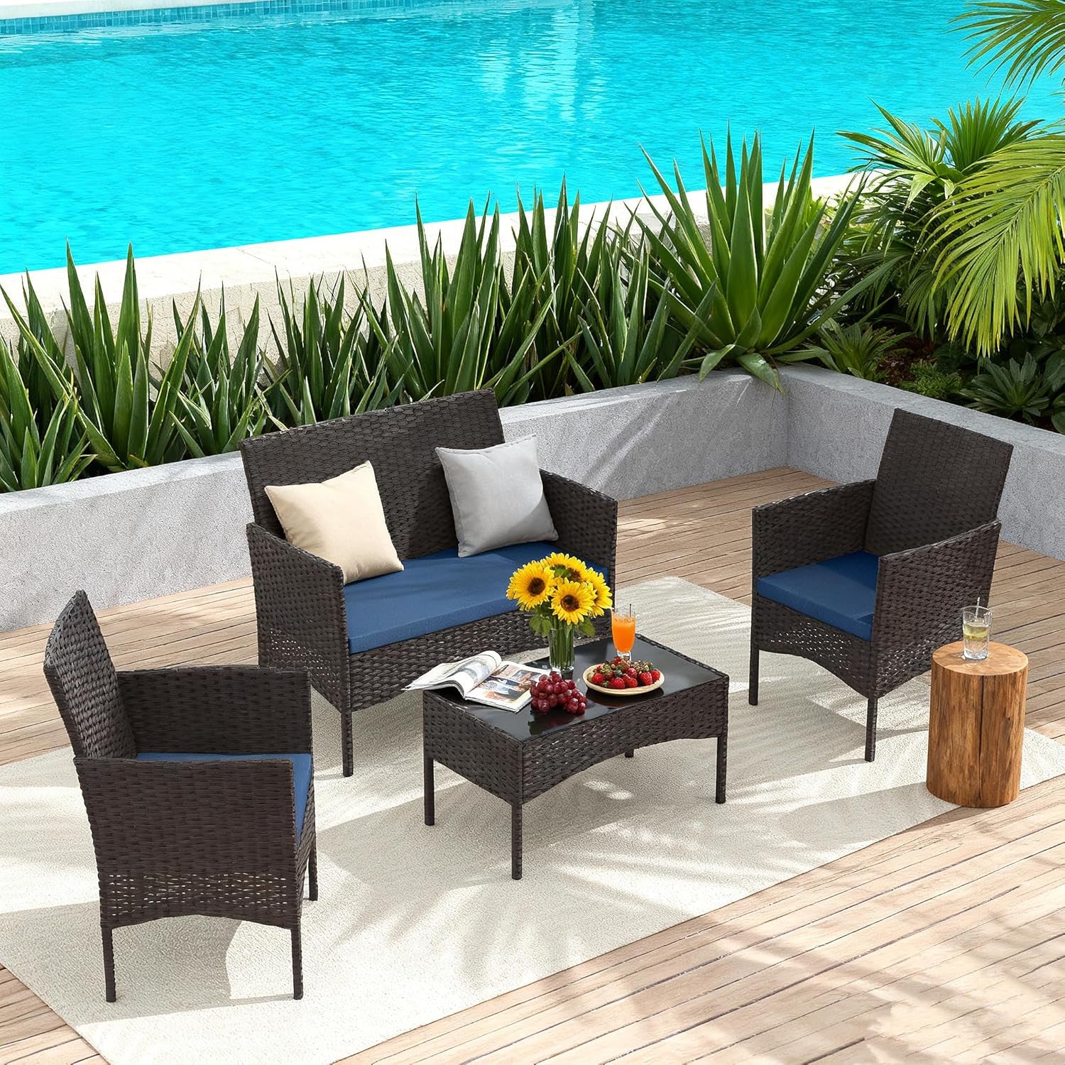 4-Piece Outdoor Patio Furniture Set, Wicker Rattan Chairs & Sofa with Cushions and Glass Coffee Table, Conversation Set for Backyard, Lawn, Porch, Pool, Garden (Navy-2)