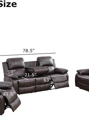 Three-Piece Manual Reclining Sofa Set with Drop-Down Table and Storage Console in Brown Leather for Living Room or Apartment
