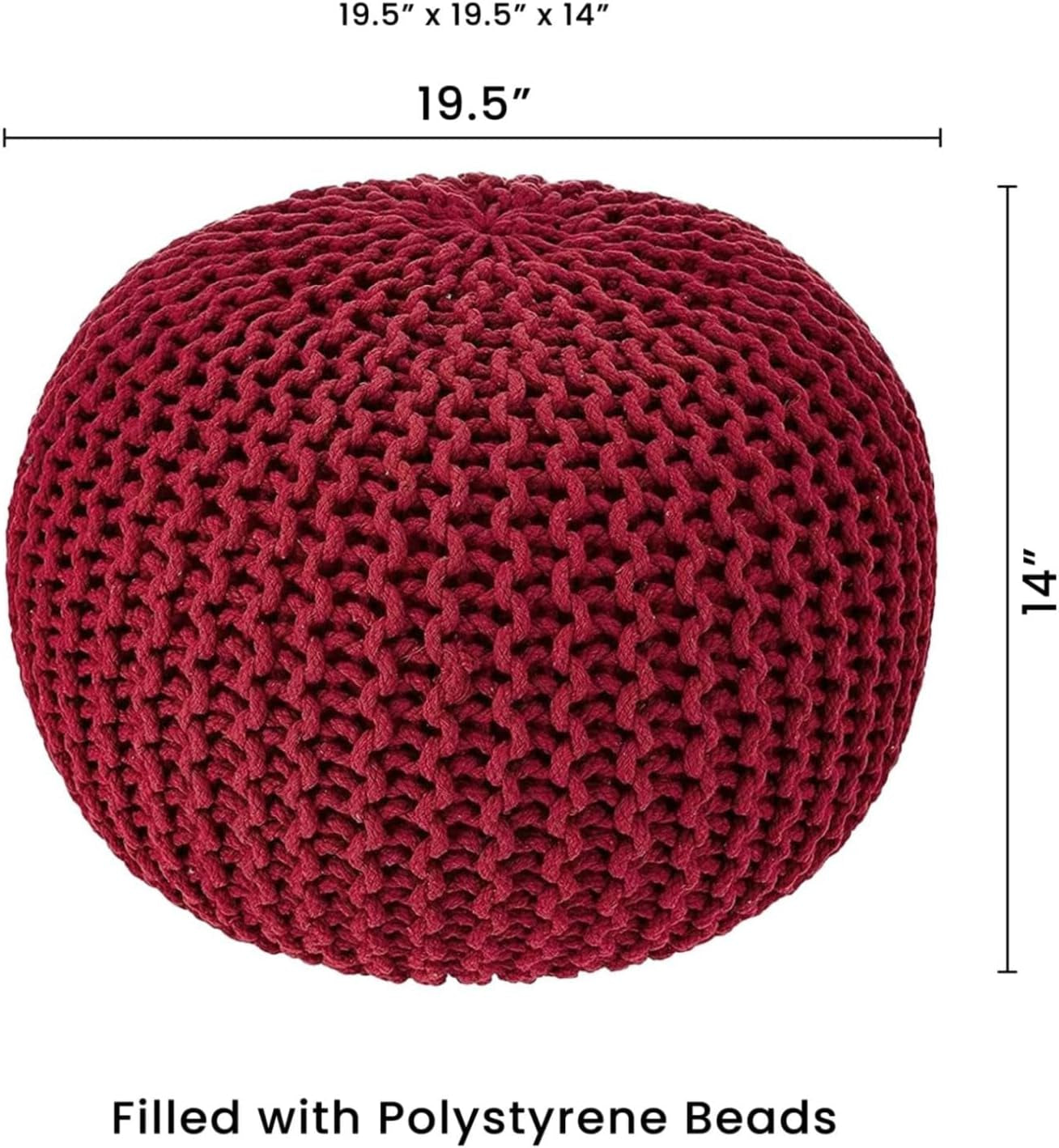 · round Pouf Ottoman - Hand Knitted Cable Boho Poof - Foot Stool Bean Bag - Home Décor Stuffed Footrest for Living Room - Nursery - Bedroom - 100% Cotton Poufs (19.5"X19.5"X14") - Red