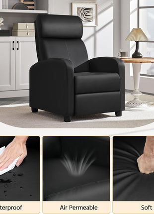 Premium PU Leather Recliner Chair with Lumbar Support, Overstuffed High-Density Foam & Pocket Springs - Push Back Recliner Armchair for Home Theater and Living Room