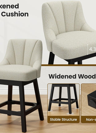 Set of 2 Modern Fabric Upholstered Swivel Bar Stools, 26" Counter Height Chairs with Back and Solid Wood Legs for Home Bar and Dining Room, Linen