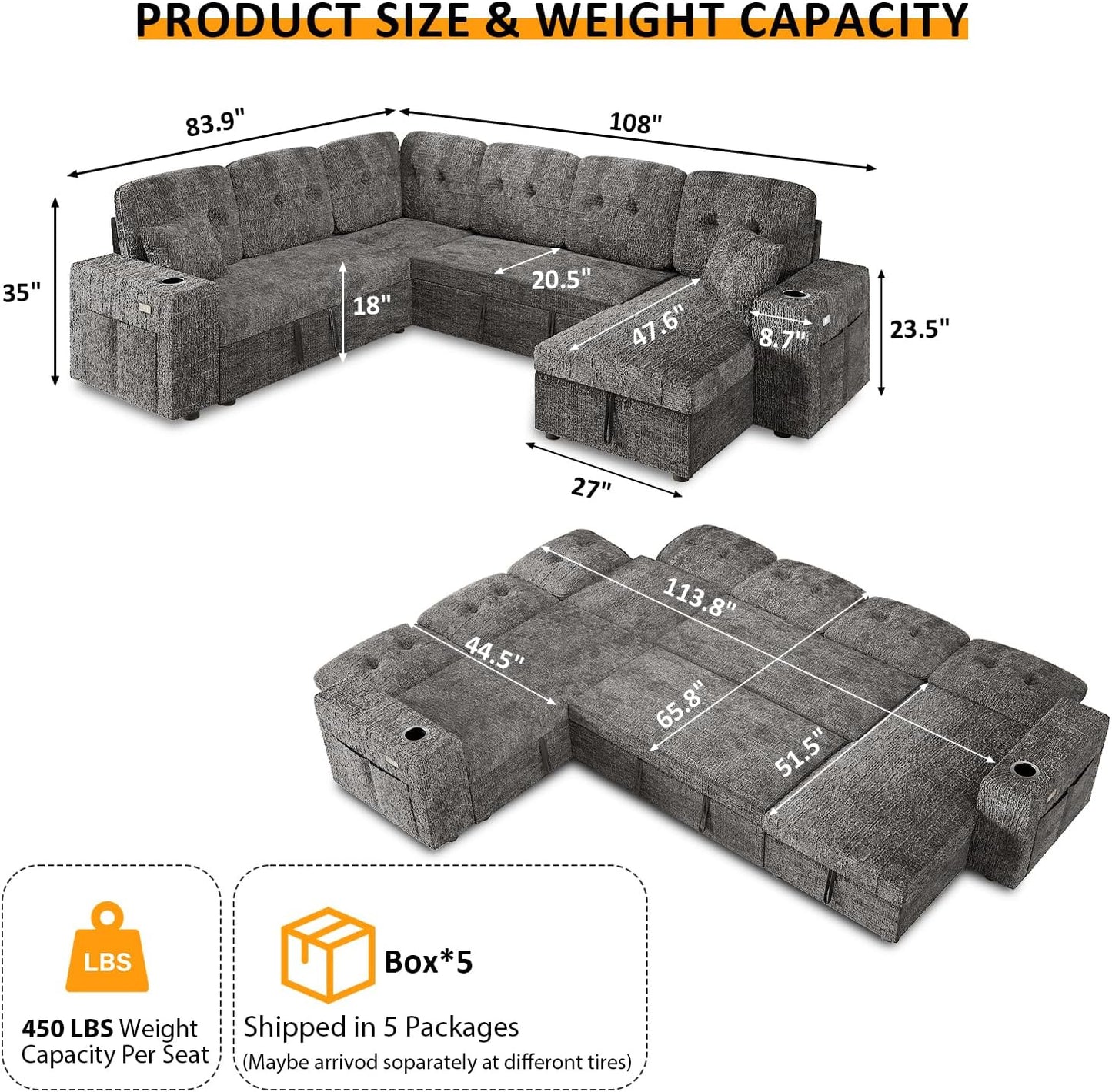 Modular Sectional Sleeper Sofa with Pull Out Bed, U Shaped 7 Seat Sectional Couches for Living Room, 108 Inch Sofa Bed with Adjustable Backrest | Hidden Storage | Wide Armrest | Grey