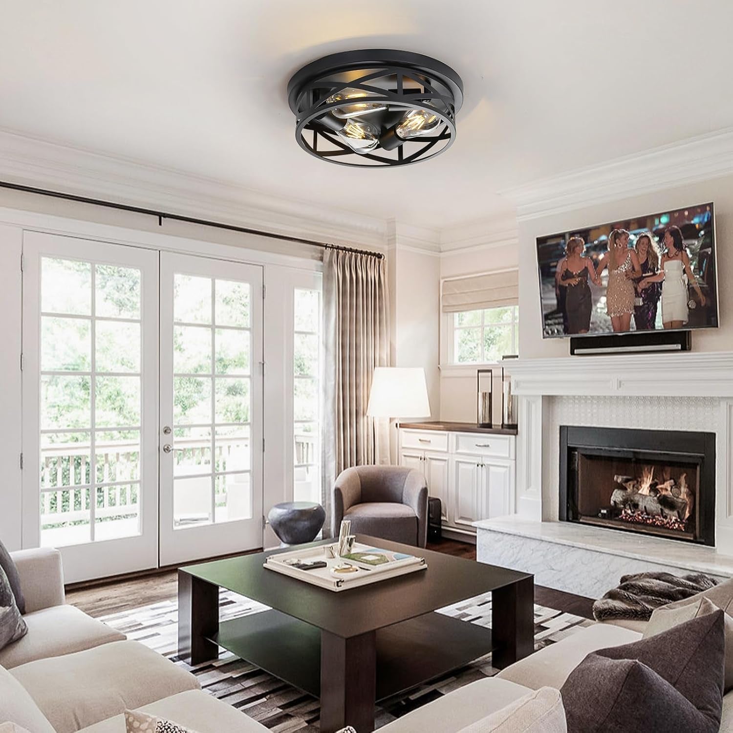 13 Inch Close to Ceiling Light Fixtures 2 Pack, 3-Lights Farmhouse Flush Mount Ceiling Light, Black Indoor Metal Cage Semi Flush Mount Ceiling Light for House Hallway Kitchen Bedroom