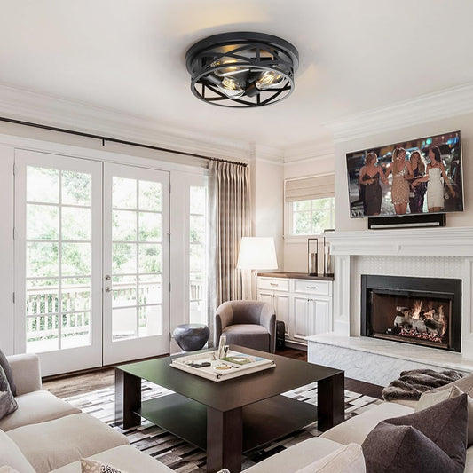 13 Inch Close to Ceiling Light Fixtures 2 Pack, 3-Lights Farmhouse Flush Mount Ceiling Light, Black Indoor Metal Cage Semi Flush Mount Ceiling Light for House Hallway Kitchen Bedroom