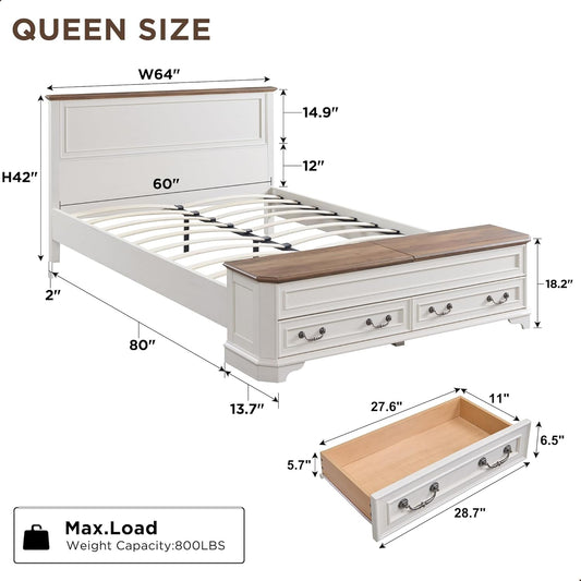 Farmhouse Queen Bed with Headboard and Storage Bench, Rustic Wood Platform Bed with 64" Storage Chest W/ 4 Large Drawer (Antique White)