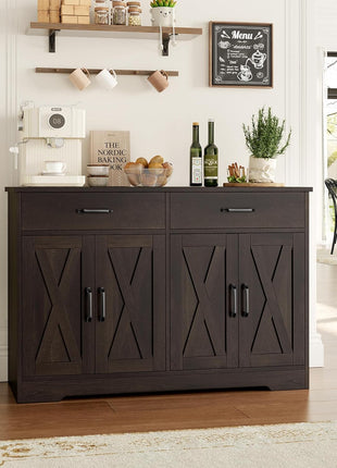 47.2" Modern Farmhouse Buffet Cabinet with Storage, Drawers, and Barn Doors - Dark Brown Kitchen Sideboard and Coffee Bar Station for Living Room
