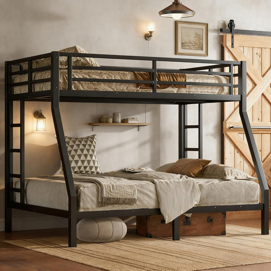 Twin over Full Bunk Bed with Ladders, Metal Bunk Beds Frame with Full-Length Guardrails, Heavy-Duty Bunkbed for Bedroom, Guest Room, Dorms, Noise-Reduce and No Spring Box Needed, Black