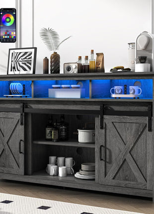 Rustic Farmhouse Coffee Bar Cabinet with Integrated Power Outlet, Wooden Sideboard Buffet Storage for Dining and Living Areas, Weathered Grey Finish