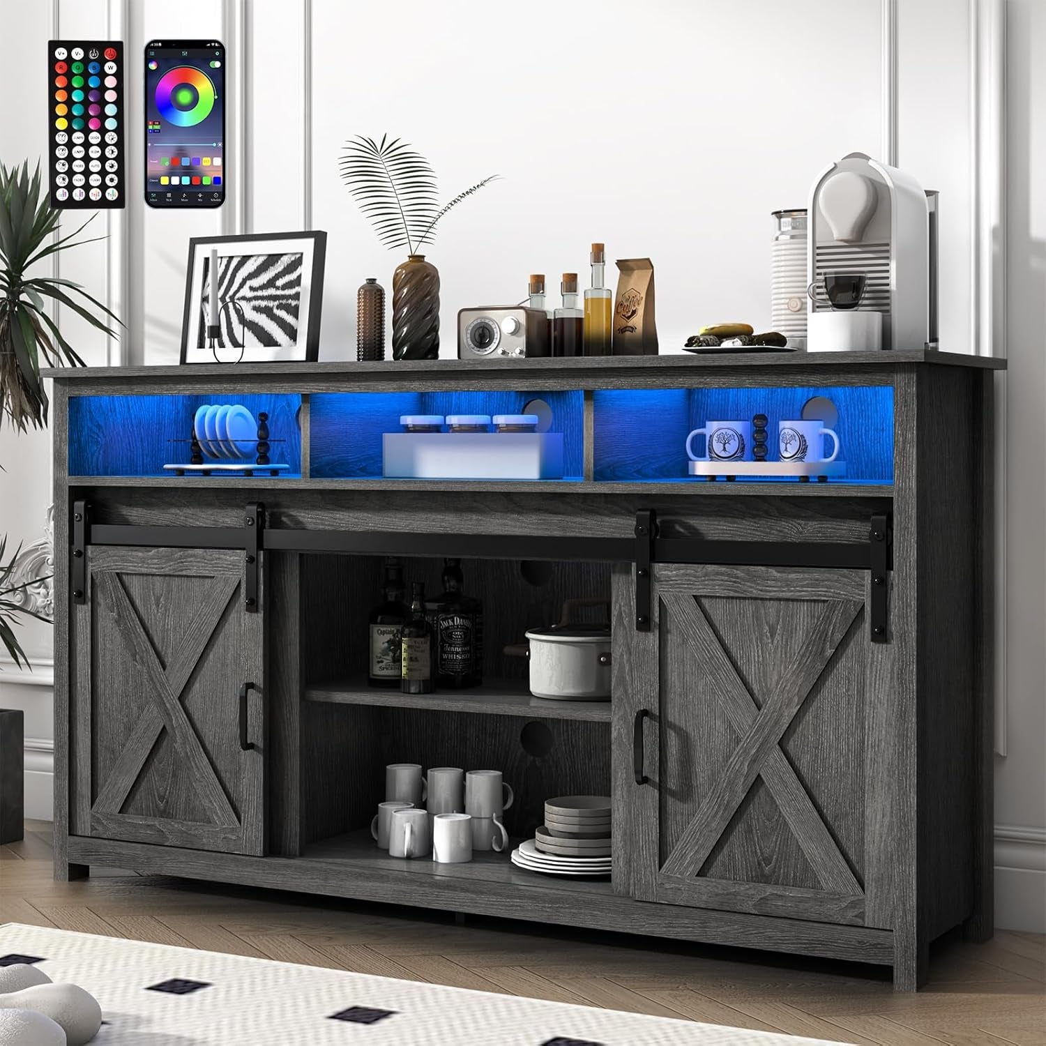 Farmhouse Coffee Bar Cabinet with Power Outlet, Rustic Sideboard Buffet Storage Cabinet with Storage, Wood Serving Table Cupboard for Dining Room, Living Room, Wash Grey