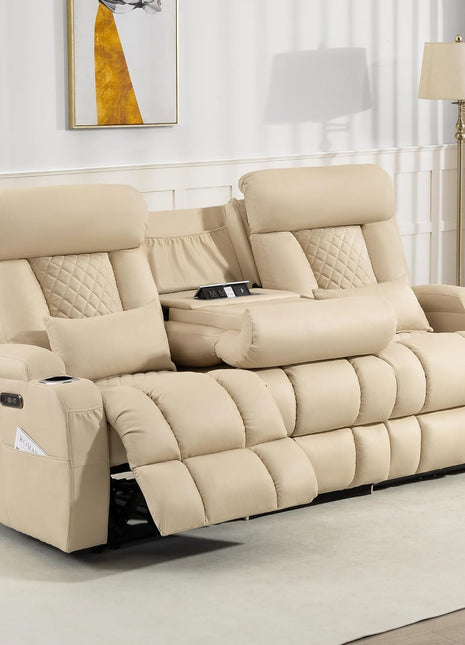 Zero Wall Hugger Power Reclining Sofa with Adjustable Headrest, Electric Reclining Couch Featuring Drop-Down Table and Outlets, Power Loveseat Recliner Sofa for Living Room and RV (Beige, 3-Seater)
