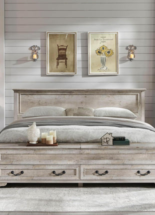 Rustic Wood Farmhouse King Bed with Headboard and Storage Bench, 80" Storage Chest with 4 Large Drawers in Light Rustic Oak