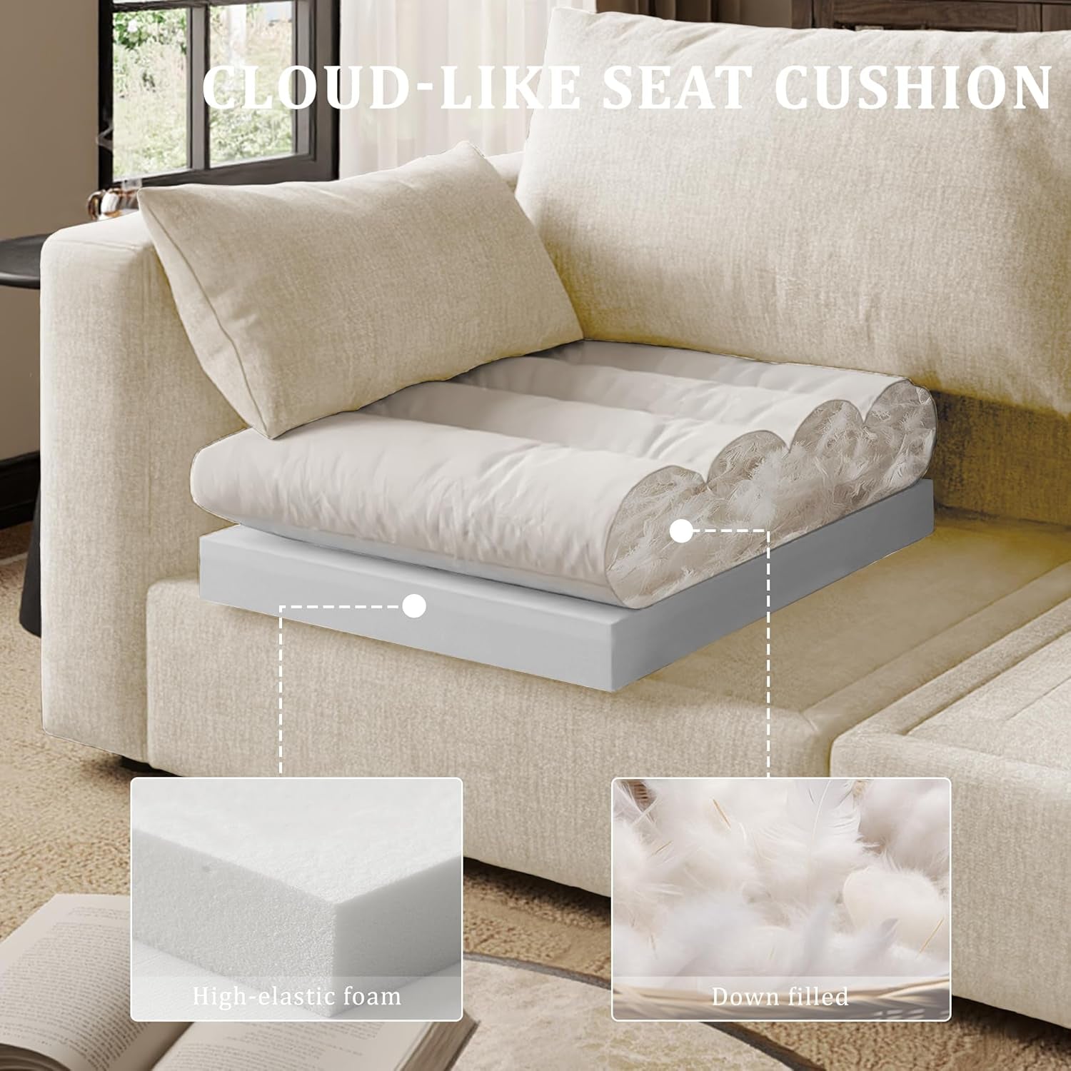 Cloud Modular Sectional Sofa Couch with Storage Ottoman, 99" Oversized Sectional Couches for Living Room, Cloud Modular L-Shaped Sofa with Chaise, 4 Seater, Chenille, Beige
