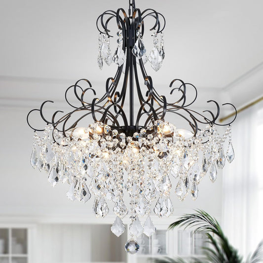 Crystal Chandelier 10-Light Pendant Ceiling Light Modern Lighting Fixture for Dining Room Hallway Bedroom Kitchen Bathroom, H 27.6" X W 22.8", E12 Base, Black