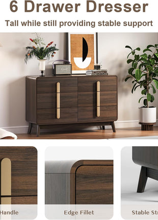 Mid-Century Modern Bedroom Furniture Set - 6-Drawer Dresser and Nightstand Pair with Gold Handles, Walnut Finish