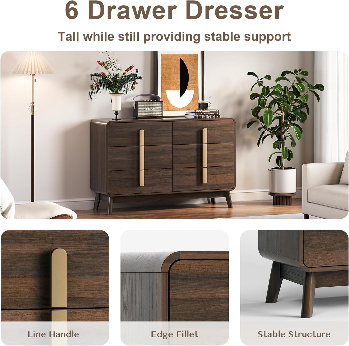 Mid Century Modern Bedroom Set, 6 Drawer Dresser and Nightstand Sets for Bedroom, Night Stand Set 2 & 6 Drawer Dresser with Gold Handles, Wood Chest of Drawers Storage Cabinet Set, Walnut