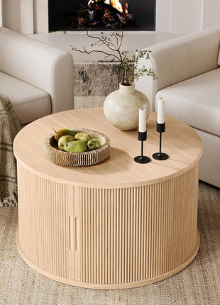 31.5" Round Drum Coffee Table with Sliding Tambour Door, Fluted Accent Design, and Storage in Mid-Century Modern Style, Oak Finish for Living Room