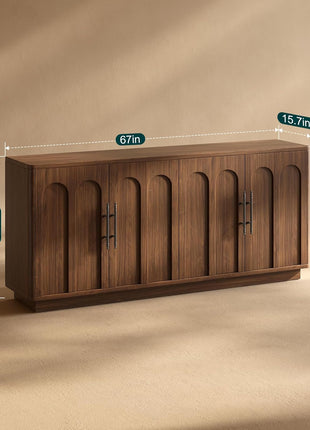 67" Arched Walnut Buffet Cabinet with Storage - Large Mid-Century Modern Credenza with 4 Doors for Kitchen and Living Room (67" x 31.5" x 15.7")
