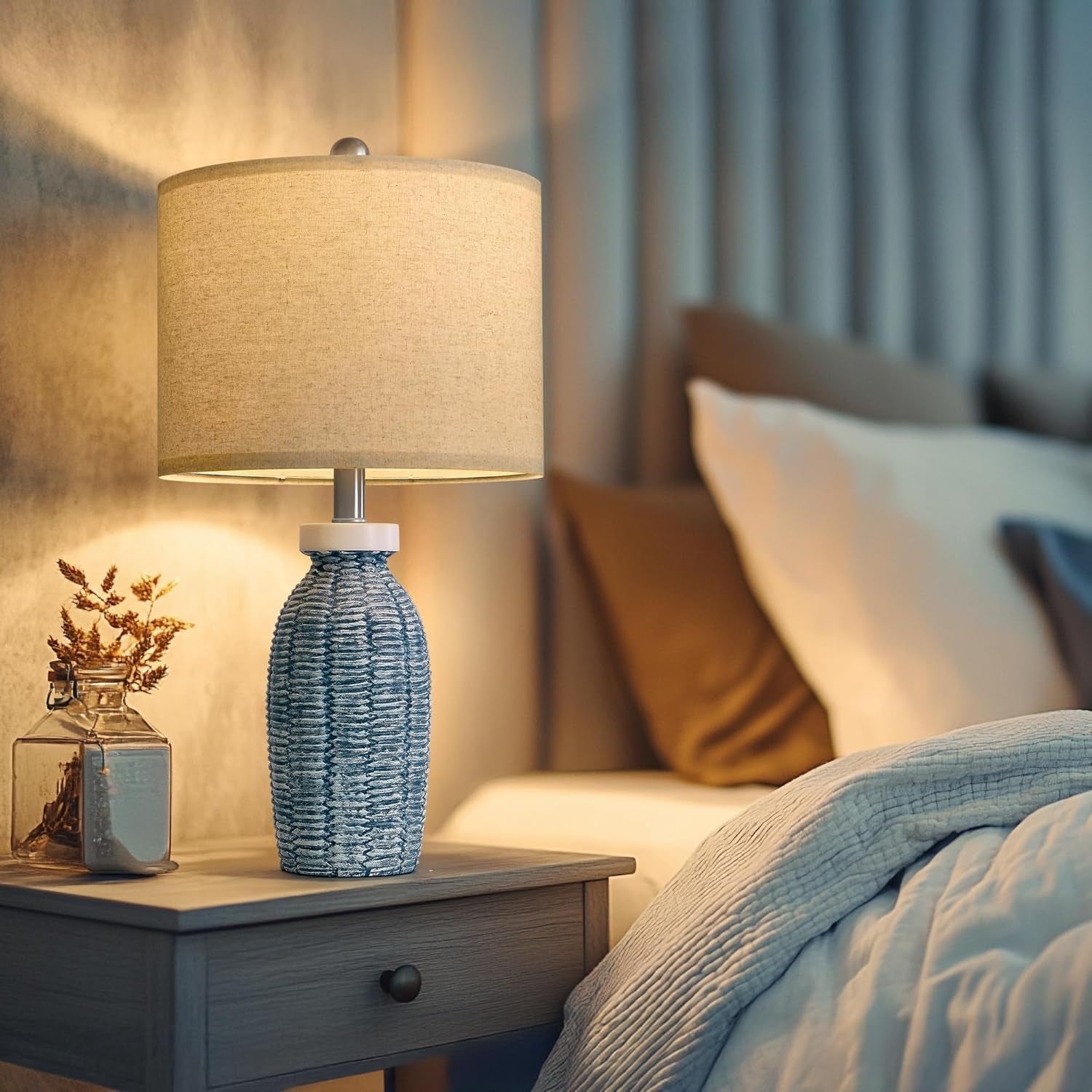 22.75" Table Lamps for Bedroom Living Room Boho Lamp Set of 2 Farmhouse Lamp Bedside Nightstand Small Rustic Vintage Retro Modern Table Lamp Light Home Office Desk Deco Gifts, Blue