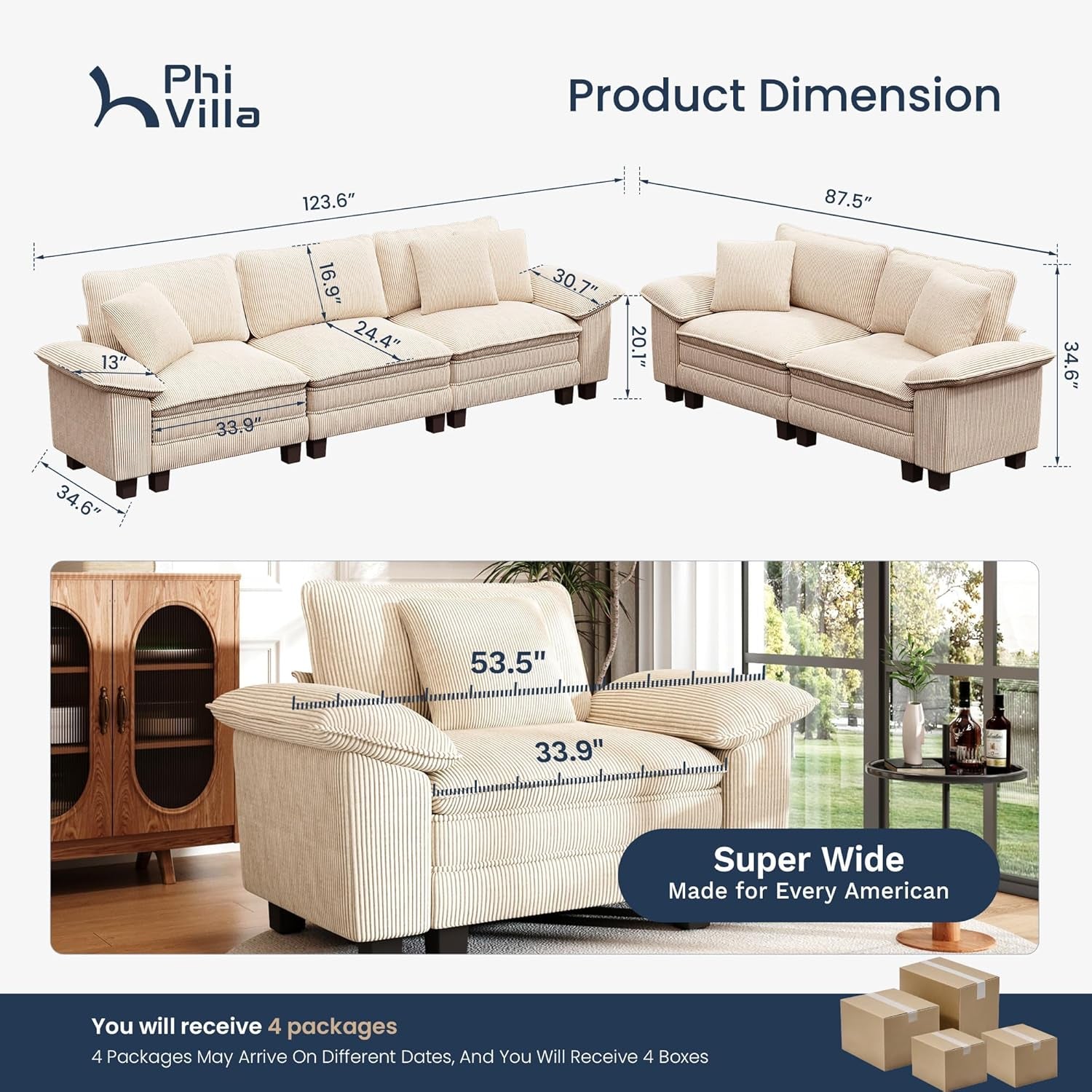 Cloud Modular Couches Sets, 2 Pieces Comfy Sectional Sofa Set with Loveseat, 5-Seater Upholstered Couch for Living Room, Corduroy, Beige