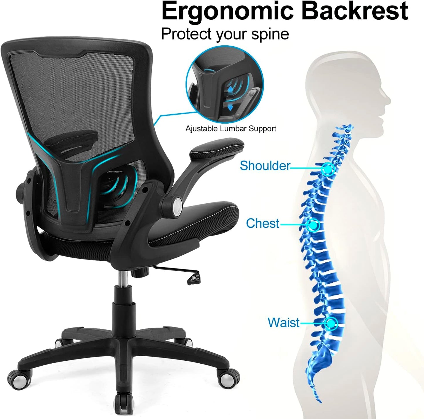 Office Chair Ergonomic Desk Chair, Computer PU Leather Home Office Chair, Swivel Mesh Back Adjustable Lumbar Support Flip-Up Arms Executive Task Chair